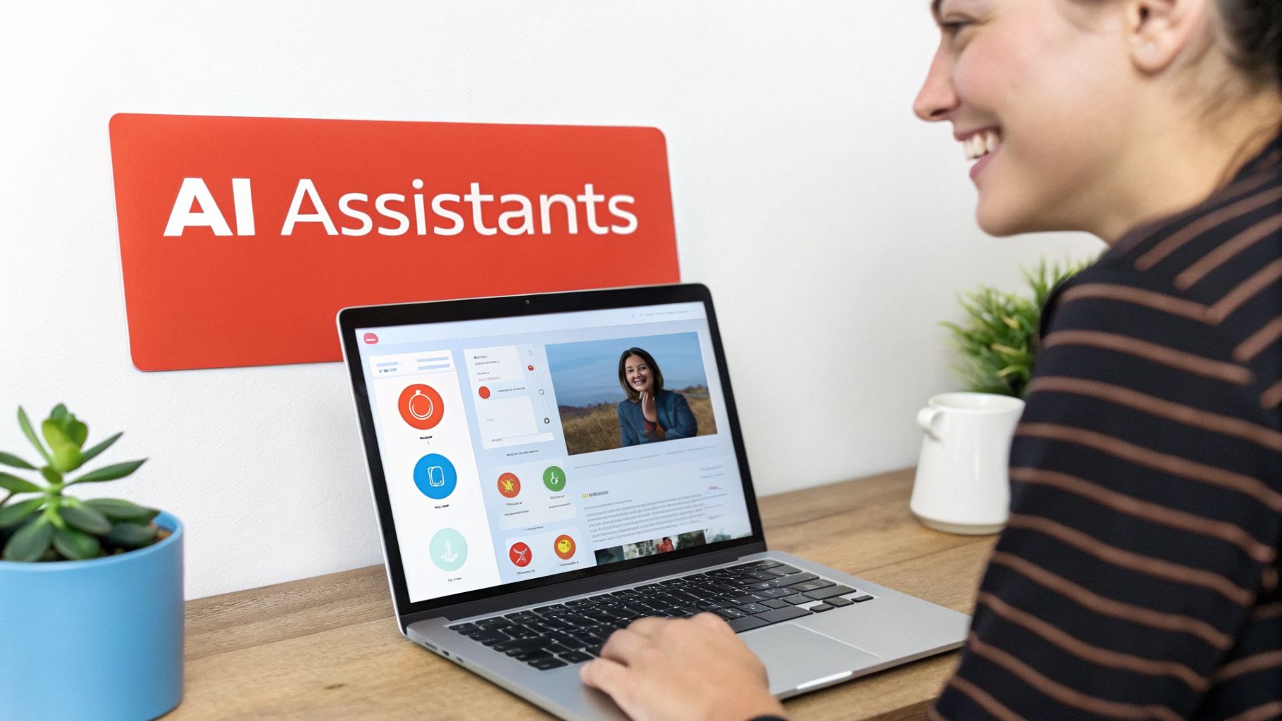 A smiling woman uses a laptop displaying an AI assistant interface on a wooden desk.