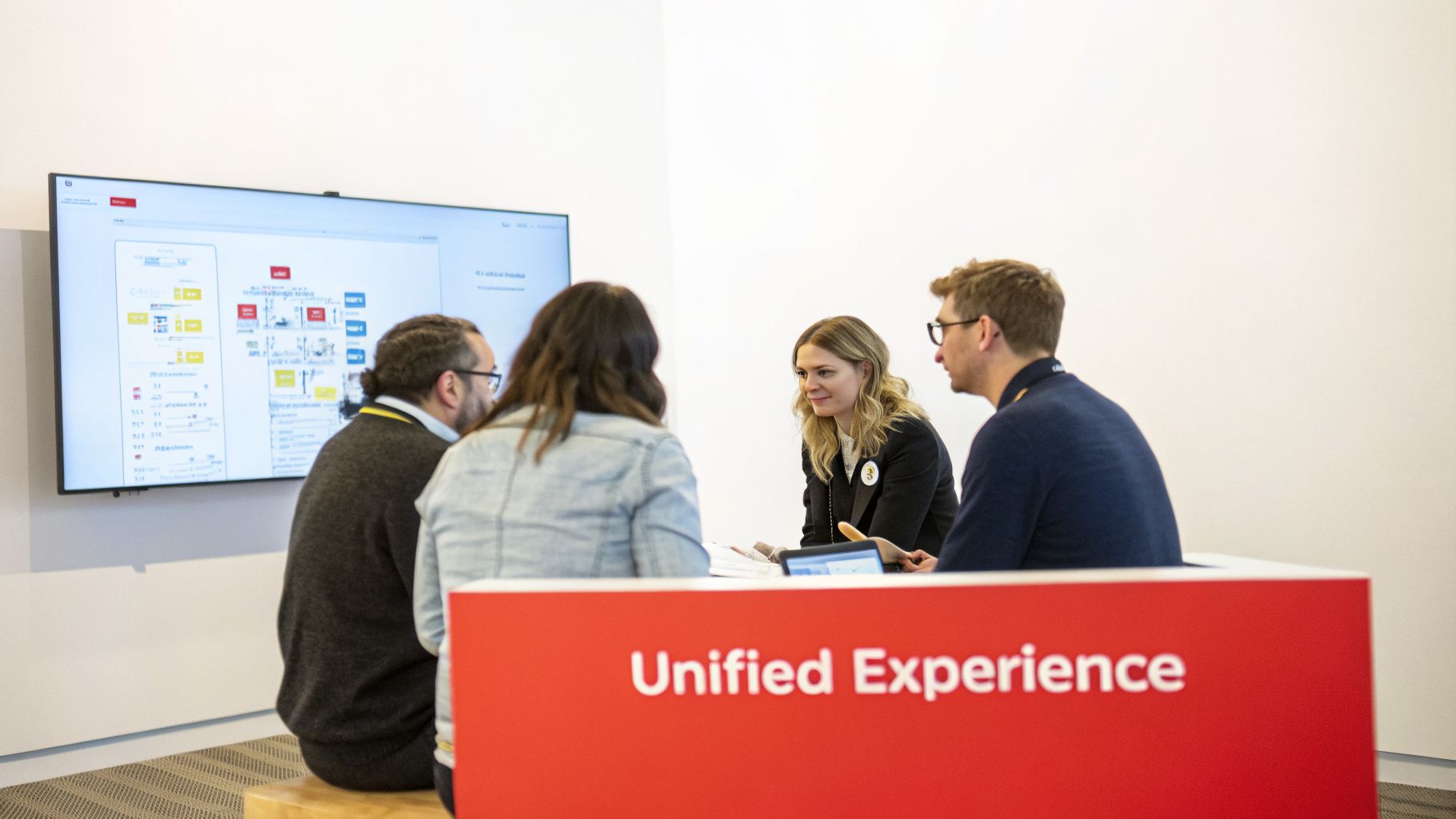 Four people discussing in front of a large screen displaying data, with 'Unified Experience' in the foreground.
