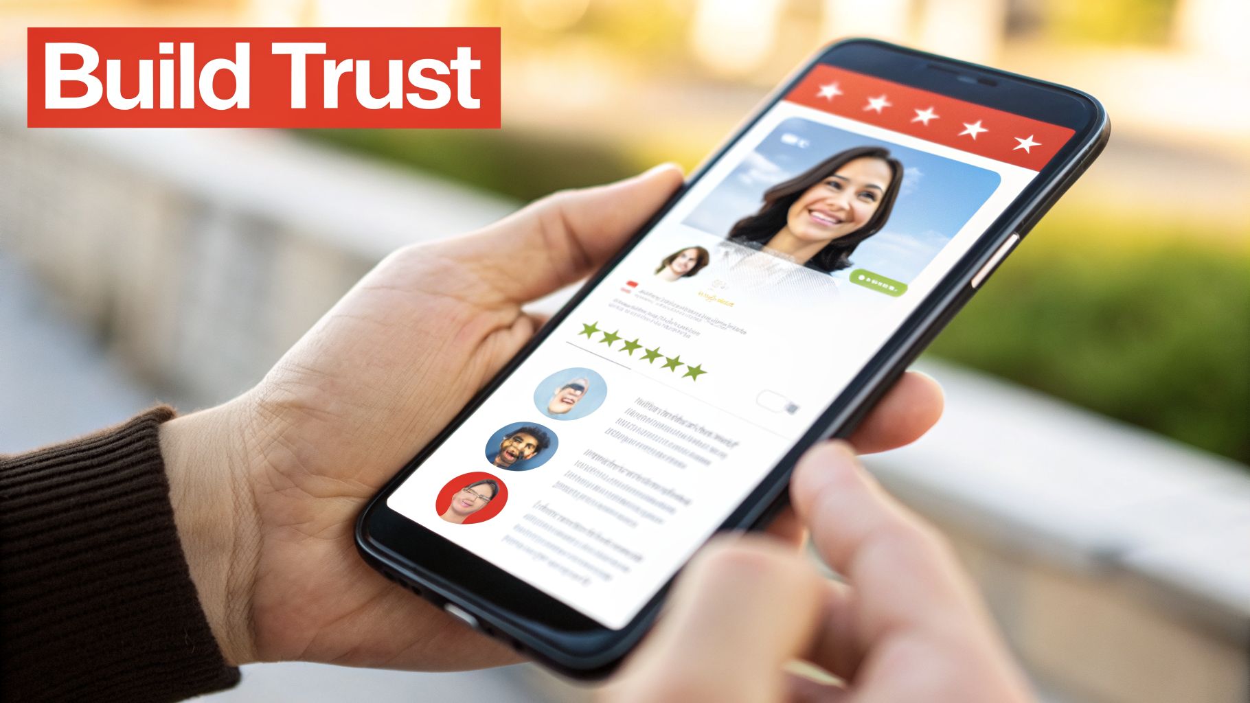 A person holding a smartphone displaying an app with customer reviews and a 'Build Trust' banner.