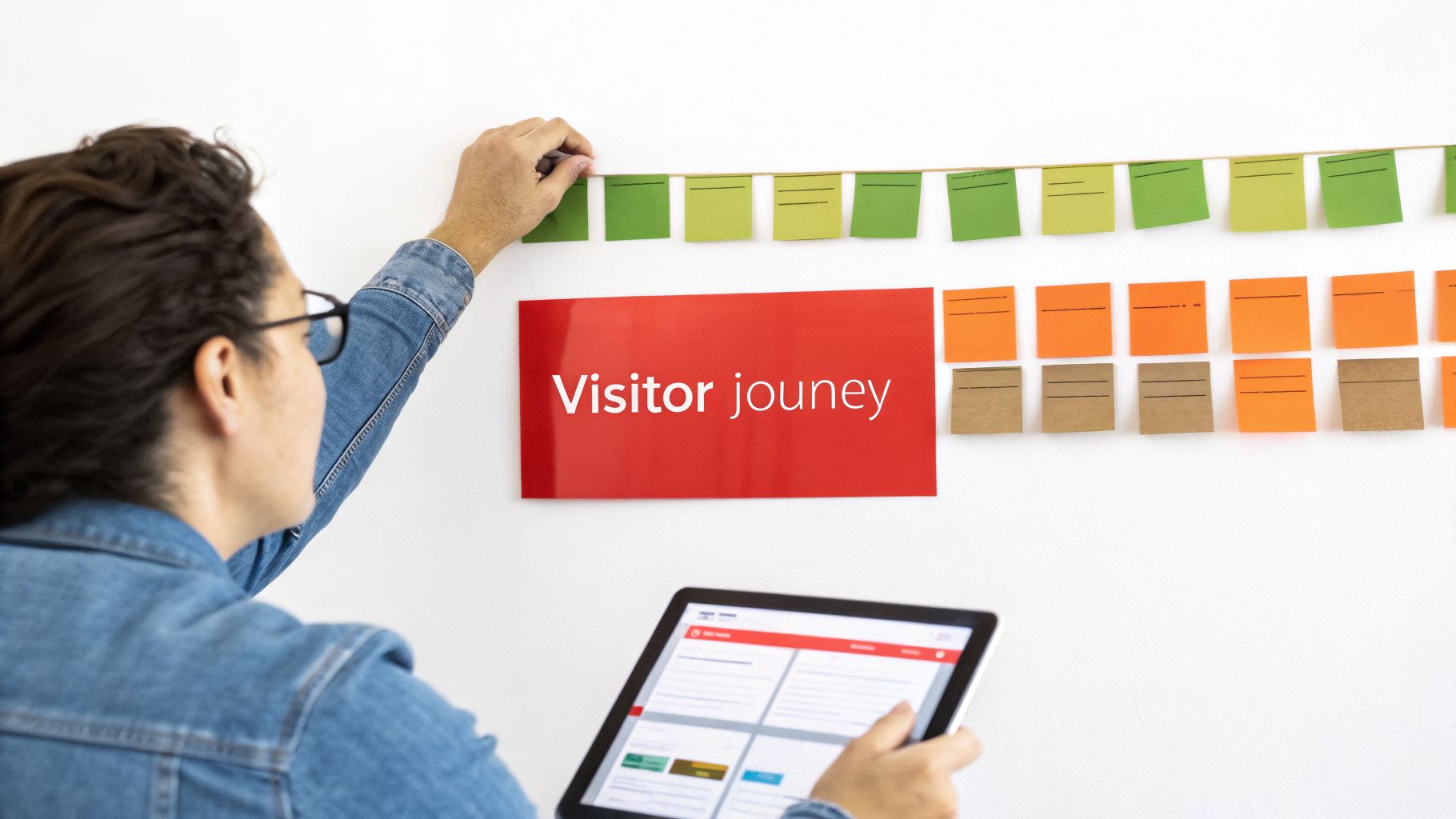 Person mapping a visitor journey on a white wall using sticky notes and a tablet.