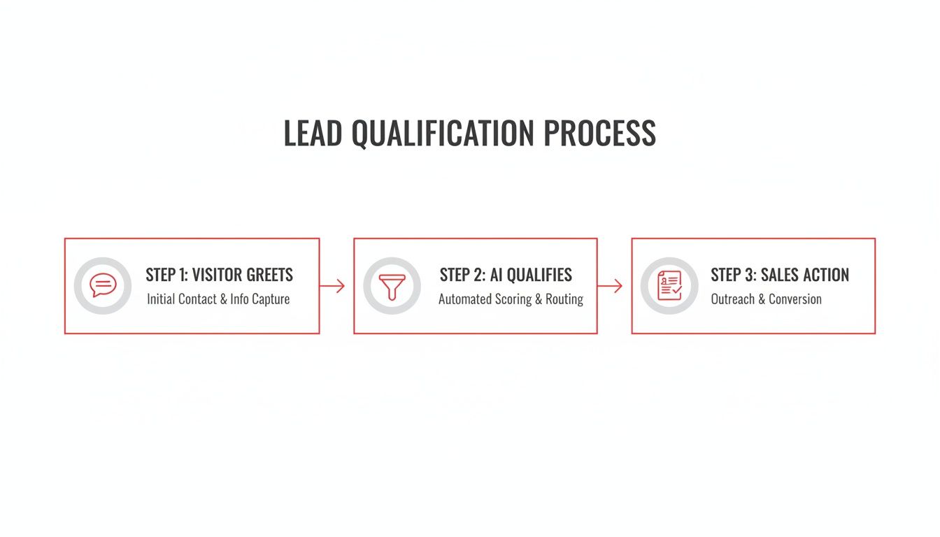 Diagram illustrating a 3-step lead qualification process: visitor greets, AI qualifies, and sales action.