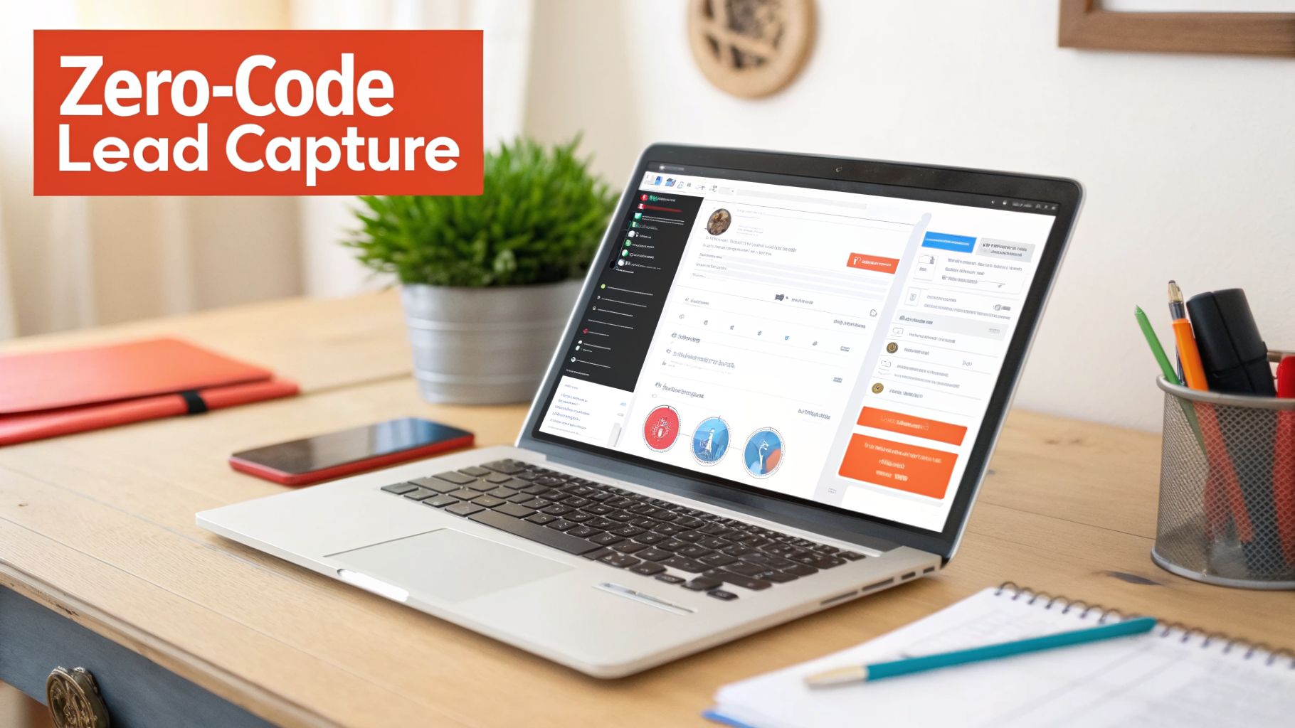 A laptop displaying a 'Zero-Code Lead Capture' dashboard on a wooden desk with office supplies.