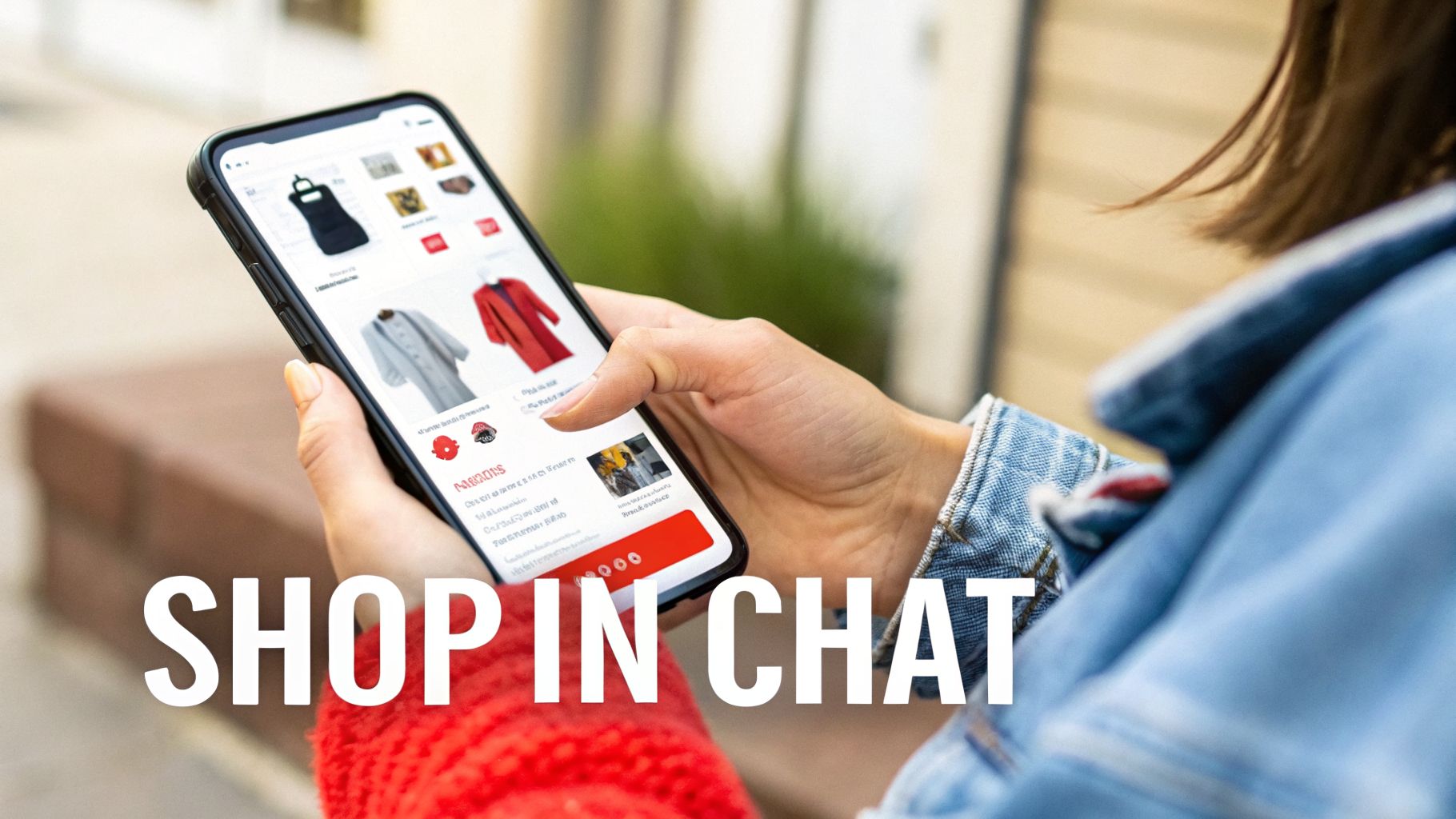 Close-up of a person holding a smartphone, browsing clothing on an e-commerce app, with 'SHOP IN CHAT' text overlay.