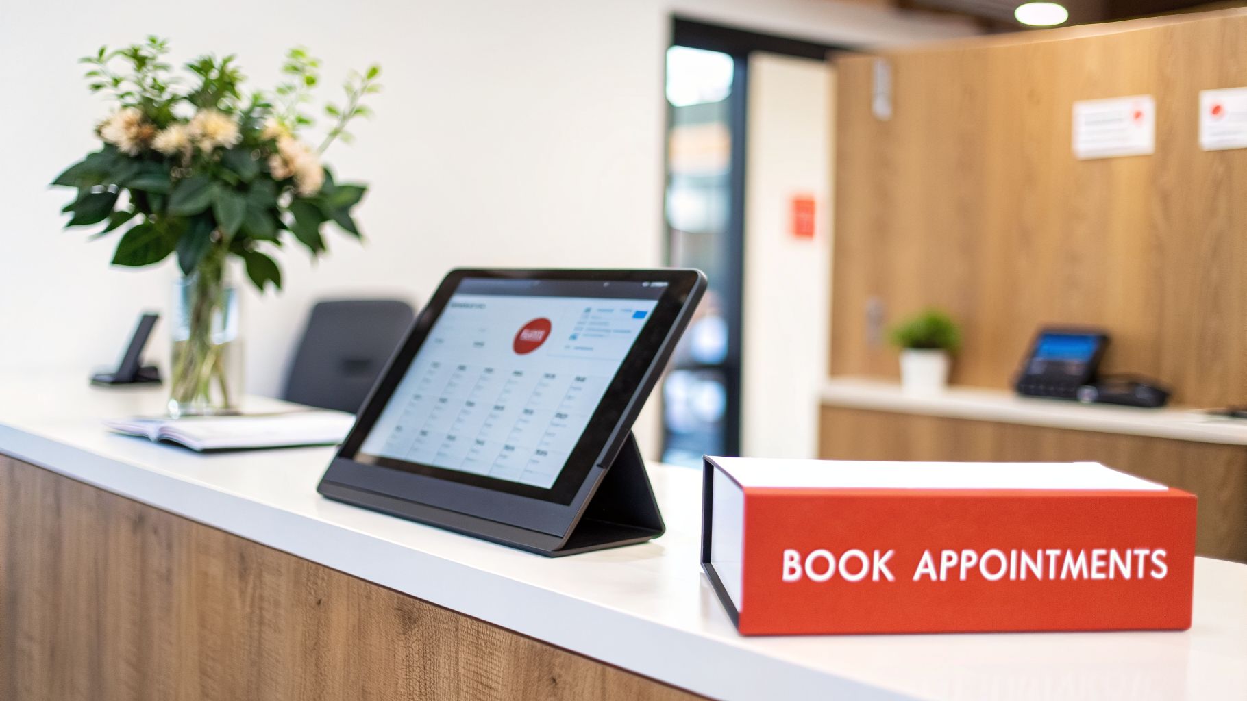 A modern reception desk with a tablet showing a calendar, flowers, and a 'BOOK APPOINTMENTS' sign.