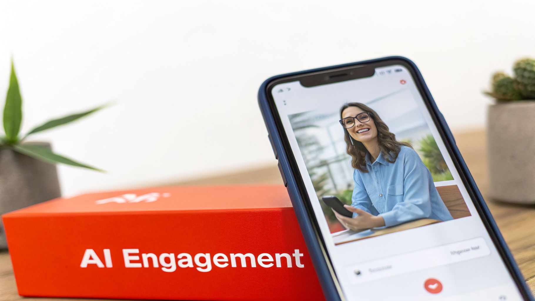 A smartphone displaying a smiling woman in glasses, next to an orange box labeled 'AI Engagement'.