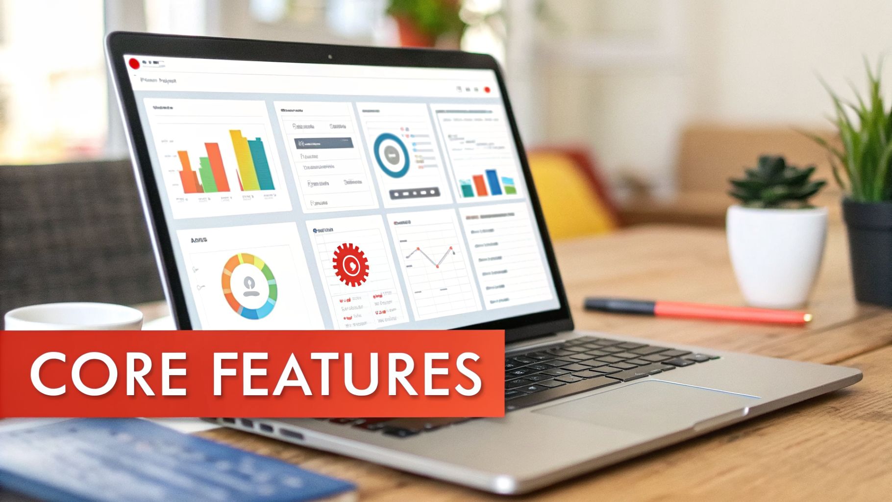 A laptop displays a sales pipeline software dashboard with various charts and graphs on a wooden desk.
