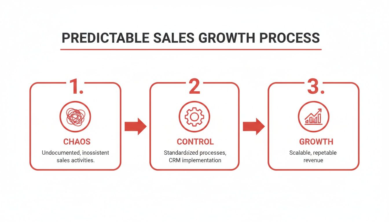A diagram illustrates the predictable sales growth process with three stages: Chaos, Control, and Growth.