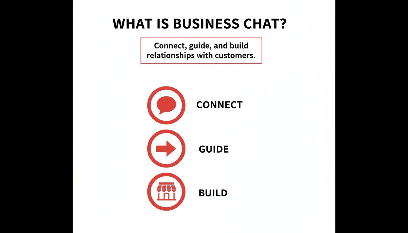 Diagram defining business chat, illustrating how to connect, guide, and build customer relationships with icons.