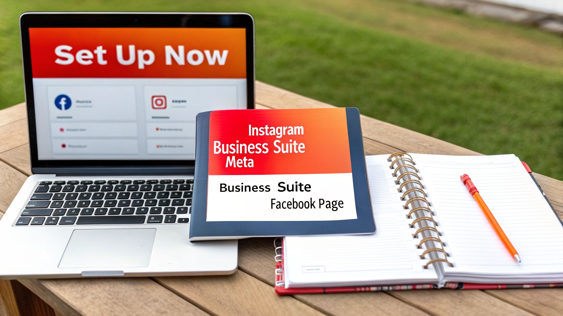 A laptop, an Instagram Business Suite book, and an open notebook on a wooden table outdoors.