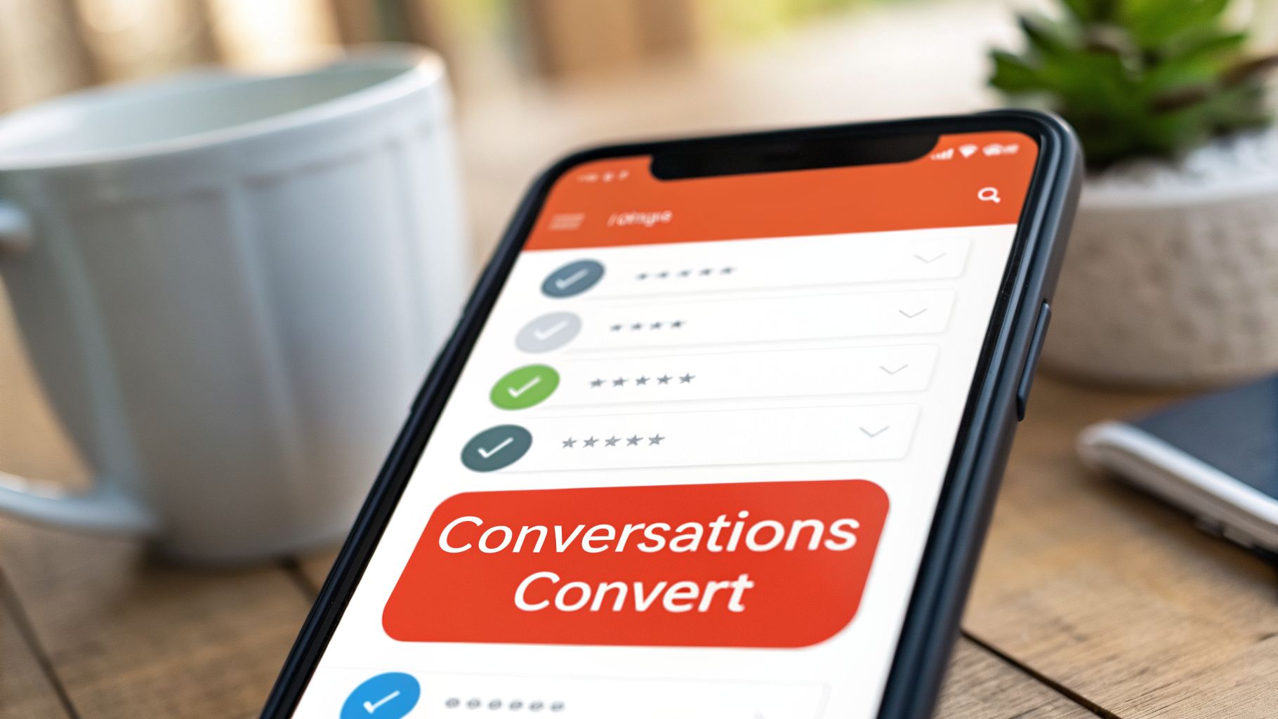 A close-up of a smartphone displaying a business app with 'Conversations Convert' text and customer ratings.
