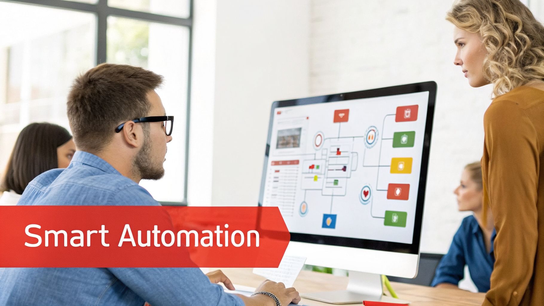 Two professionals collaboratively reviewing a 'Smart Automation' diagram on a computer screen in an office.
