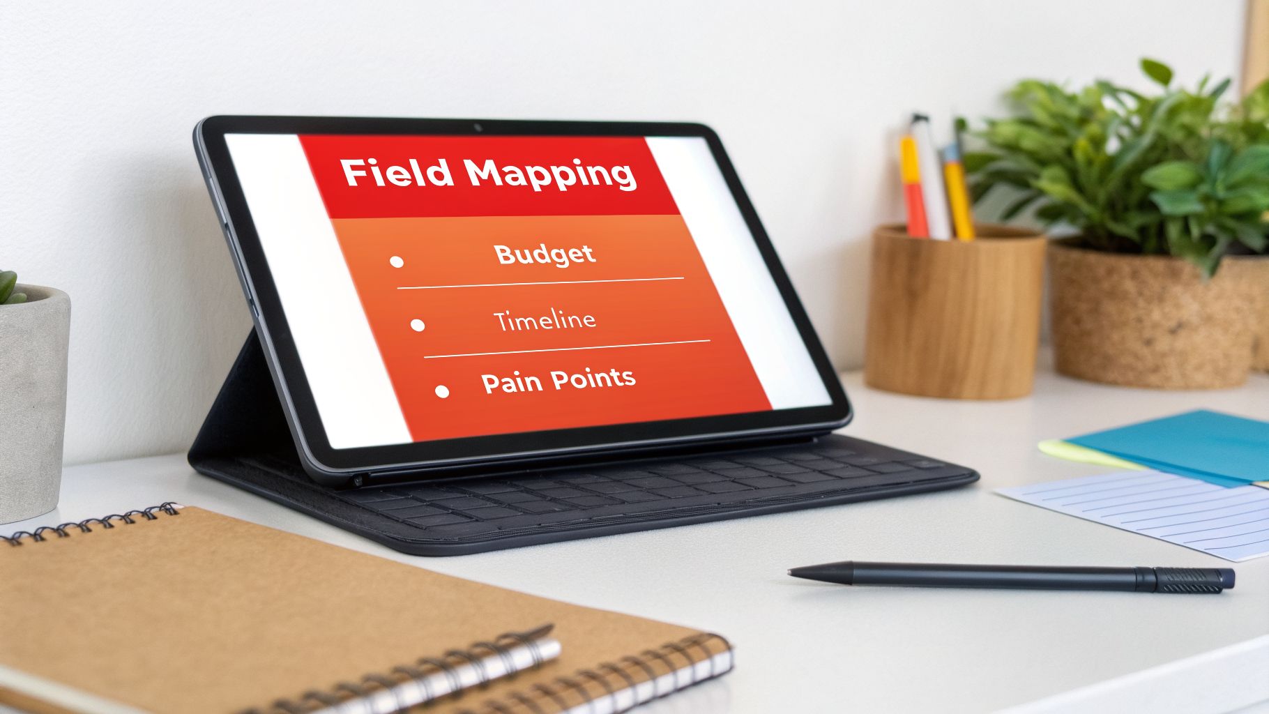 A tablet on a desk displays 'Field Mapping' with 'Budget,' 'Timeline,' and 'Pain Points' listed.