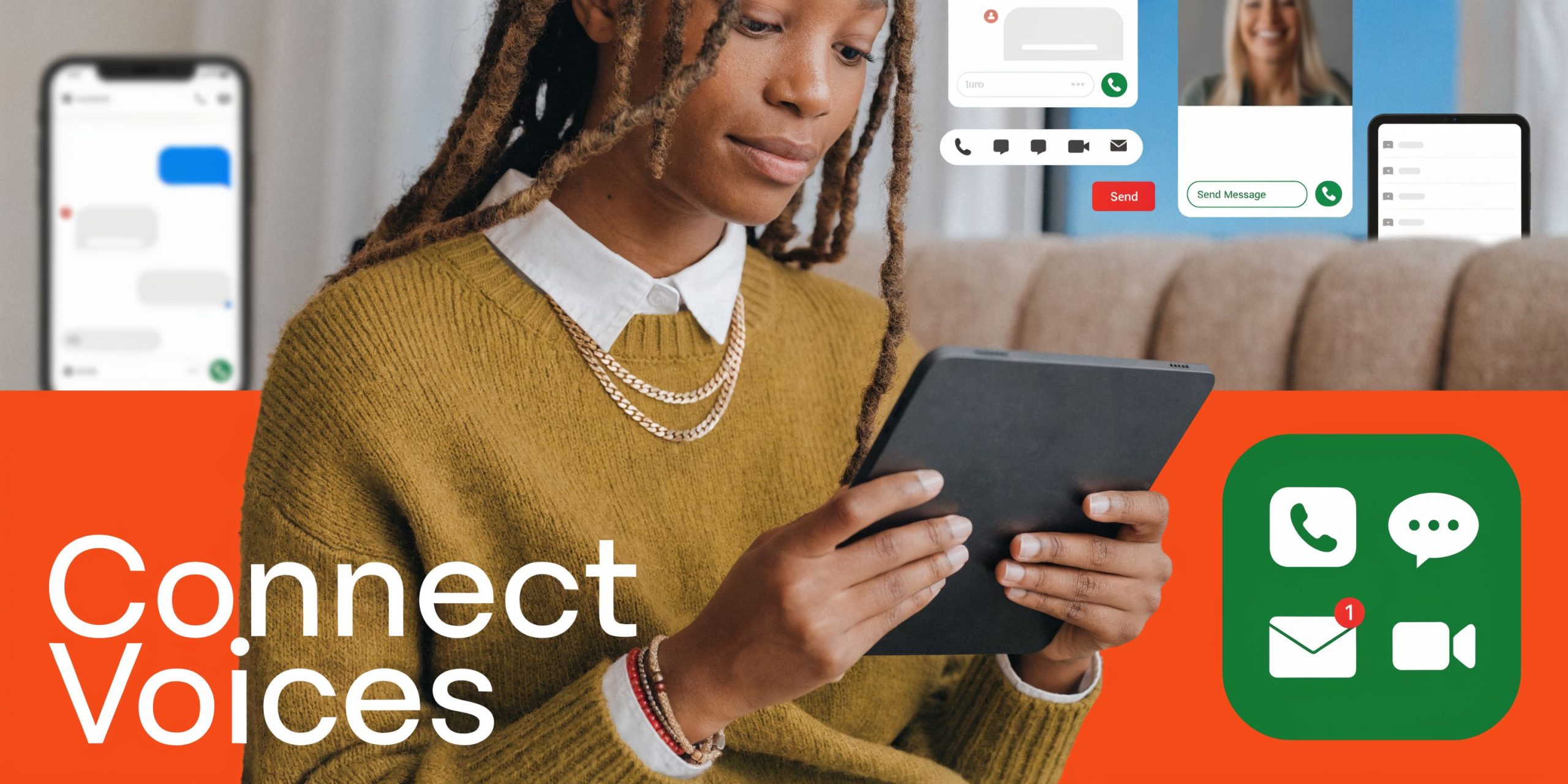 A young woman using a digital tablet with icons representing digital communication methods overlaid on the background.