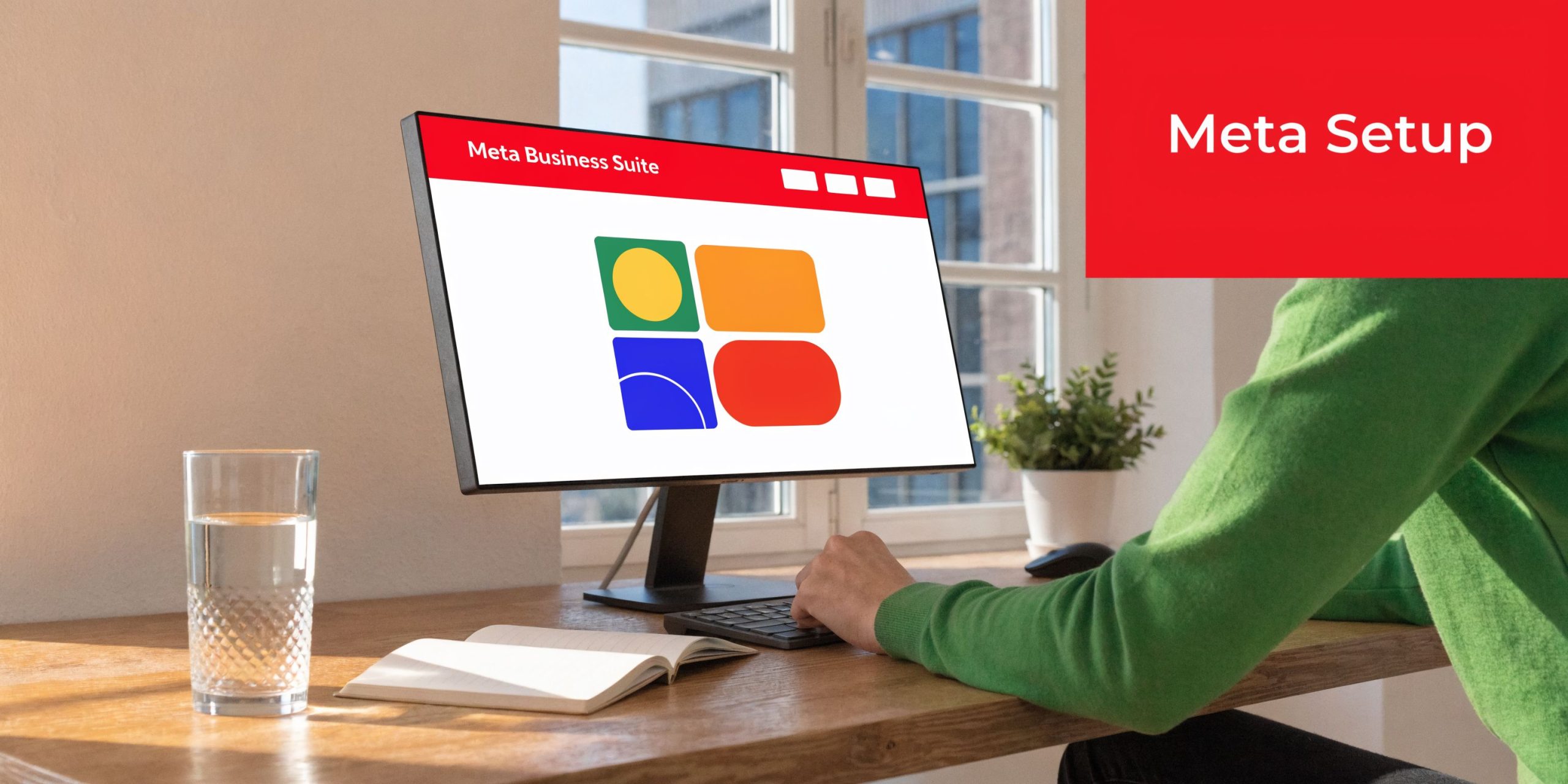A person in a green sweater using a computer for Meta Business Suite setup at a desk.