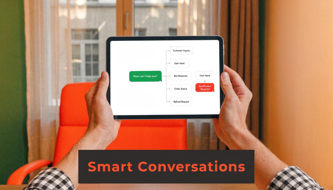 A person holding a tablet displaying a flowchart outlining a customer service chatbot conversation process.