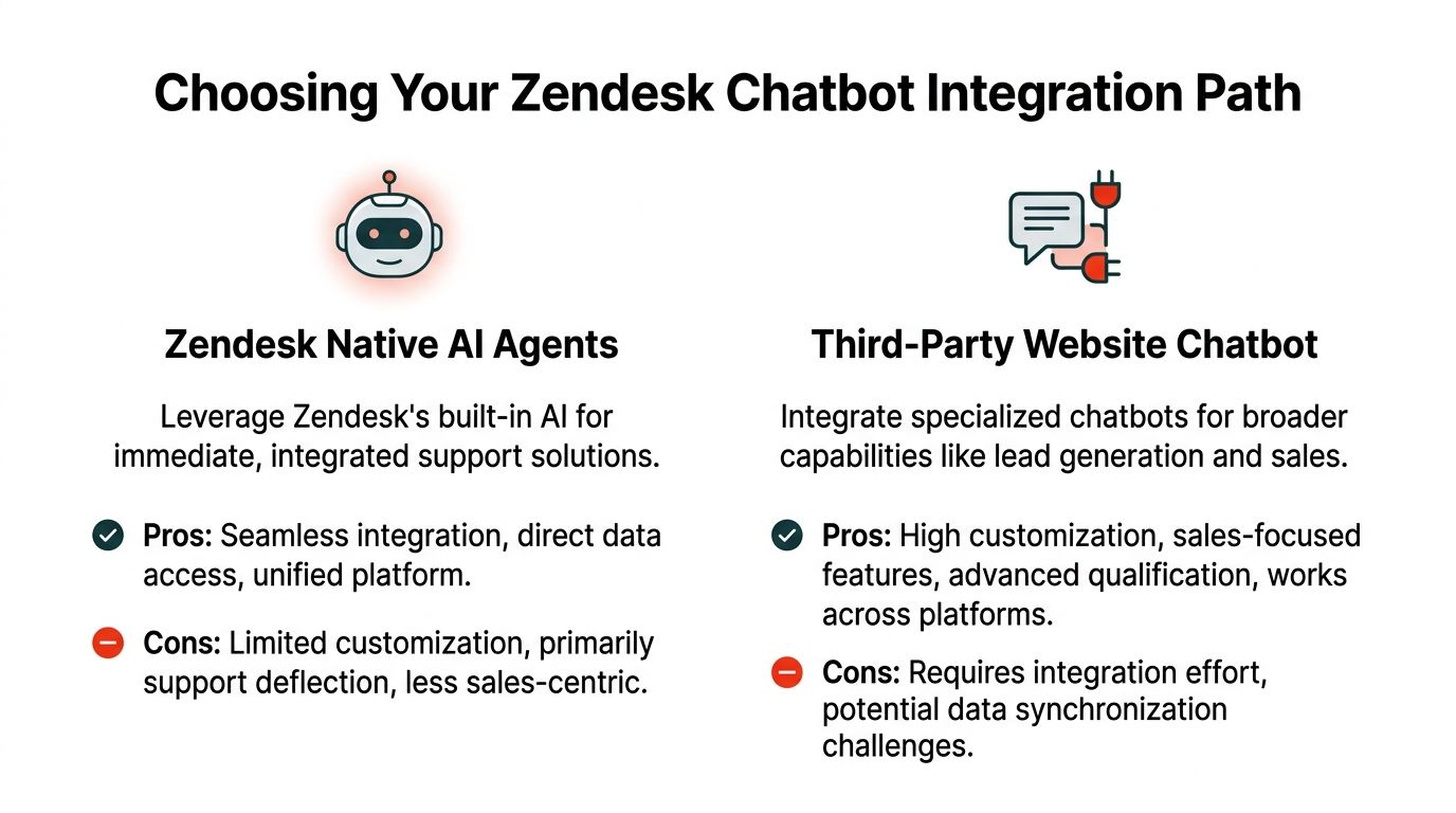 A comparison chart outlining the pros and cons of using Zendesk Native AI Agents versus Third-Party Website Chatbots.