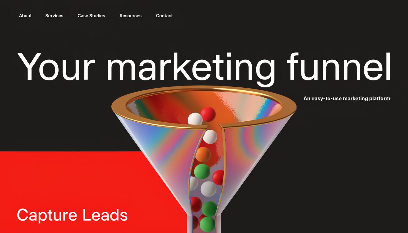 A modern marketing funnel illustration with colorful spheres entering the top on a dark background.