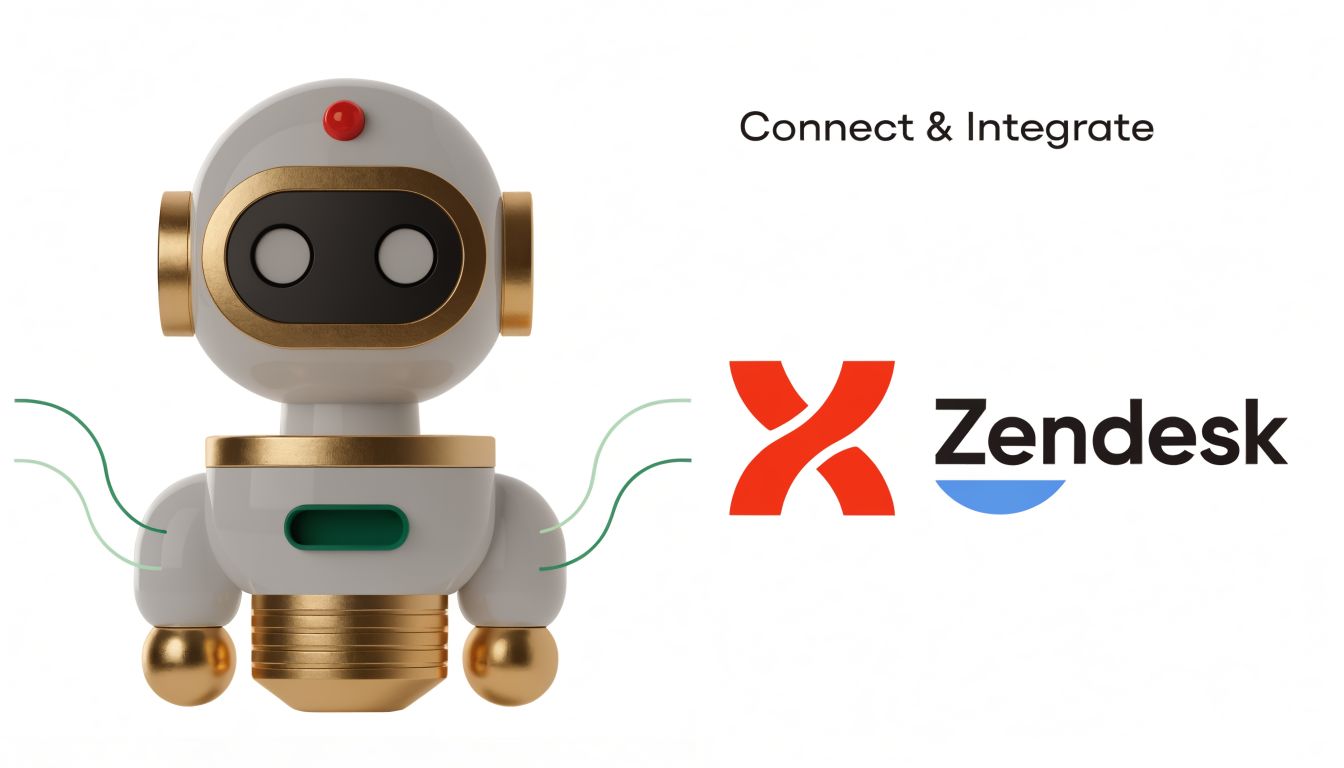A 3D render of a cute white and gold robot standing next to the Zendesk logo.