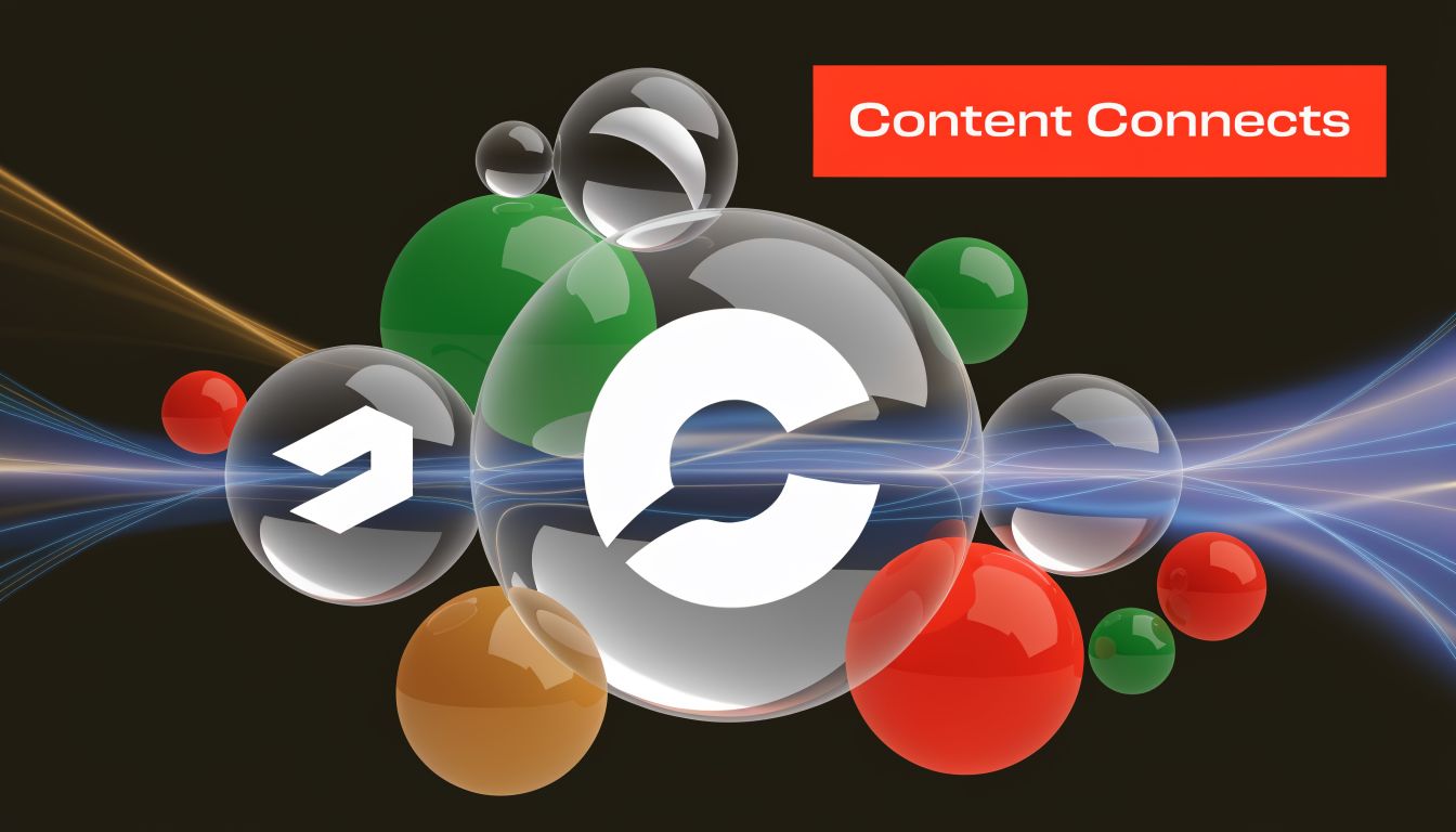 A 3D abstract graphic featuring floating glossy spheres with a central logo against a dark background.