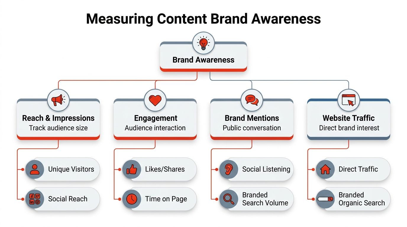 A diagram illustrating the key metrics used to measure content marketing brand awareness, including reach, engagement, mentions, and traffic.