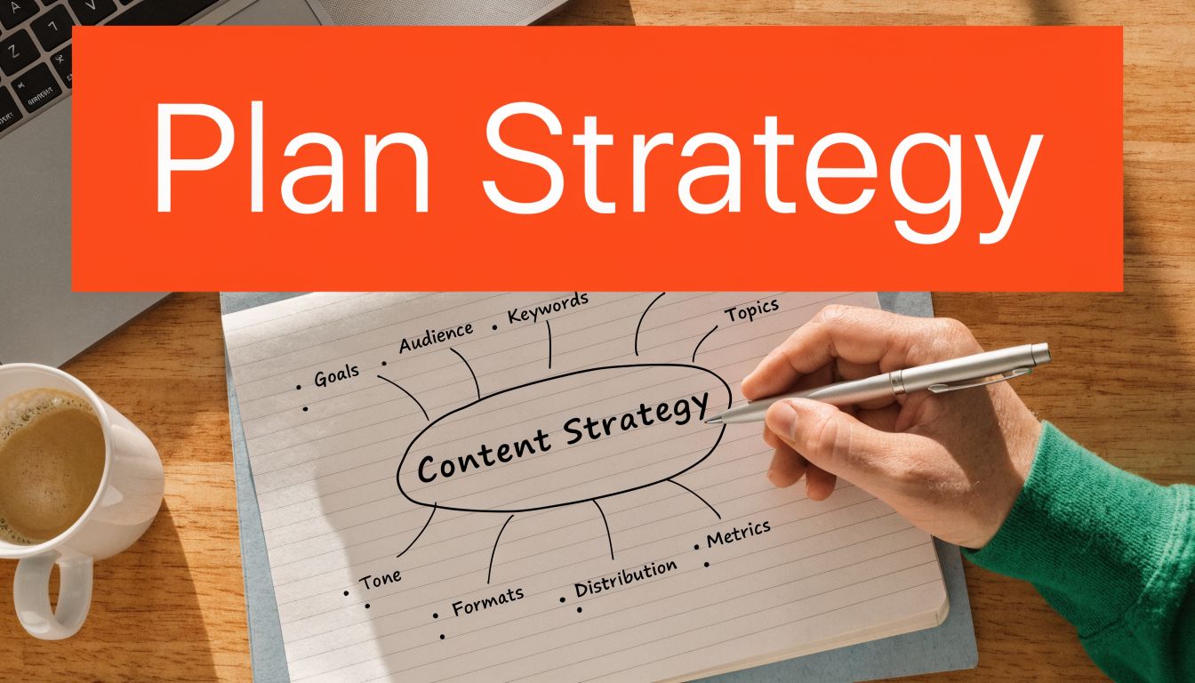 A hand drawing a mind map of a content strategy on a notebook on a desk.