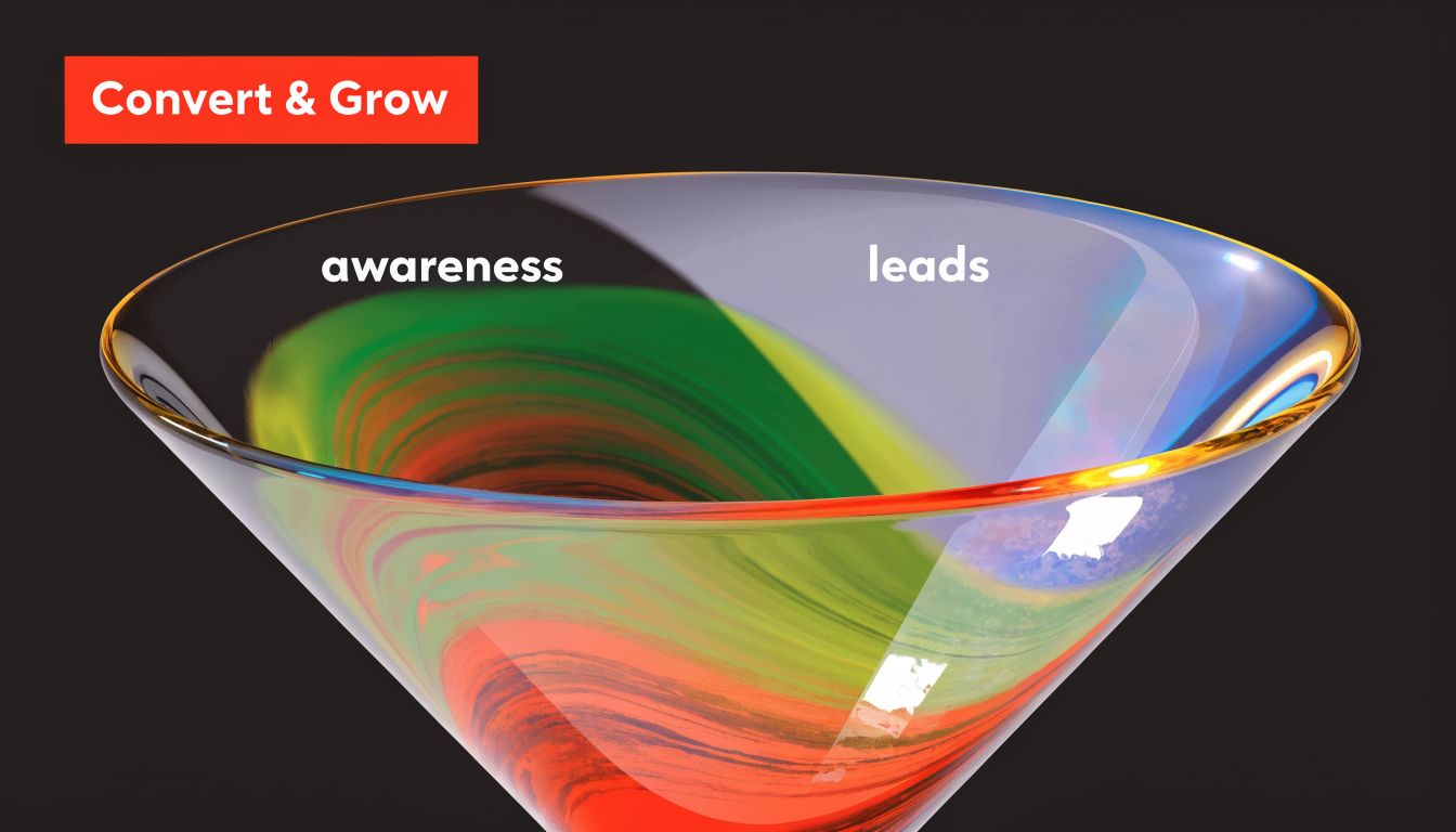 A glass funnel representing a marketing sales funnel with labels for awareness and leads concepts.