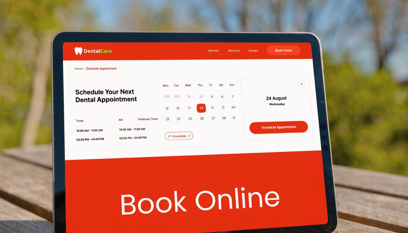 A digital tablet displaying an online dental appointment scheduling page on a blurred outdoor background.