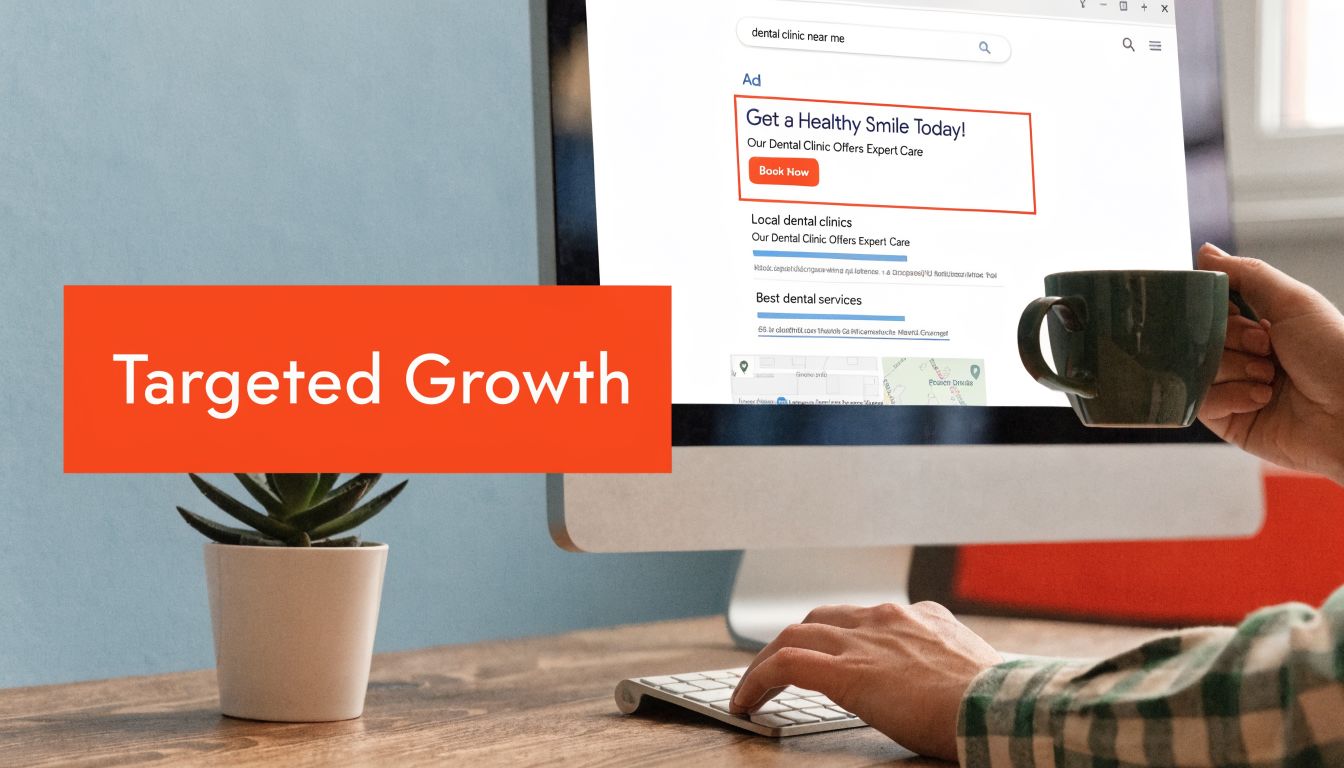 A person searching for a local dental clinic on a computer screen for targeted business growth.