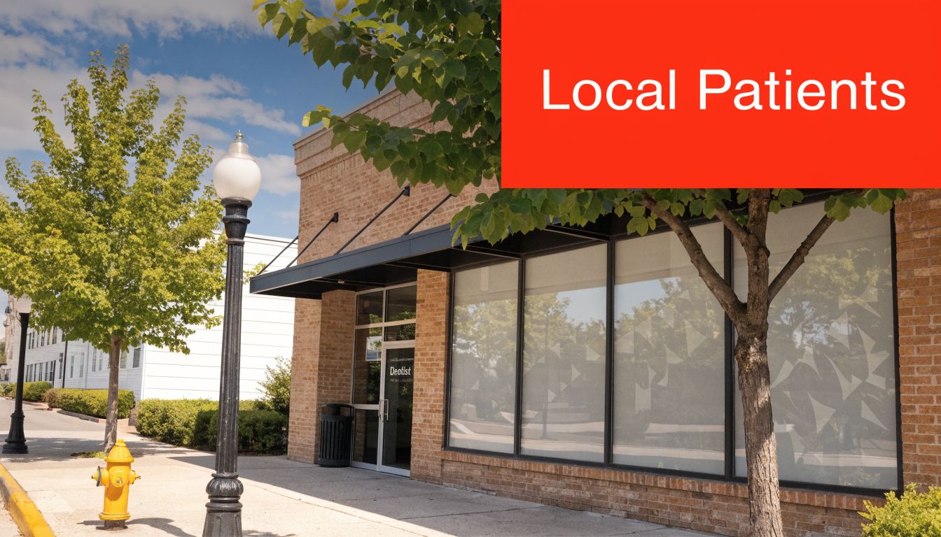 A modern brick dentist office exterior with large windows on a quiet sunny street sidewalk.