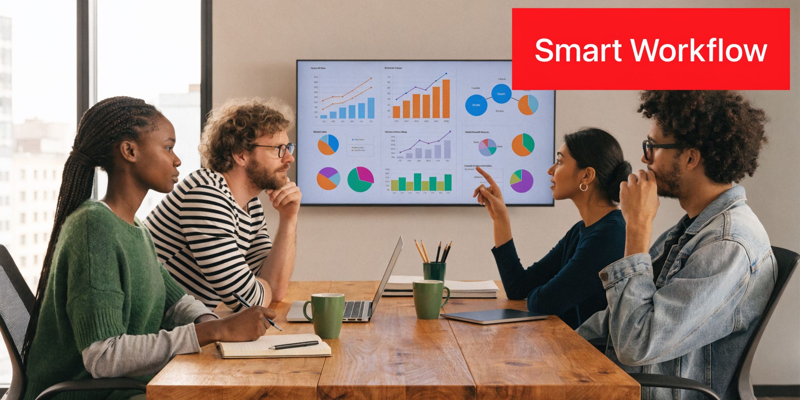 A diverse group of professionals collaborating in a meeting room while reviewing business data on a screen.