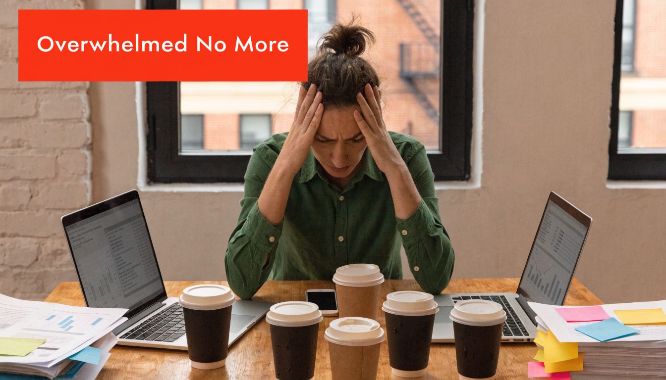 A woman looks overwhelmed while working with multiple laptops and coffee cups at a desk.
