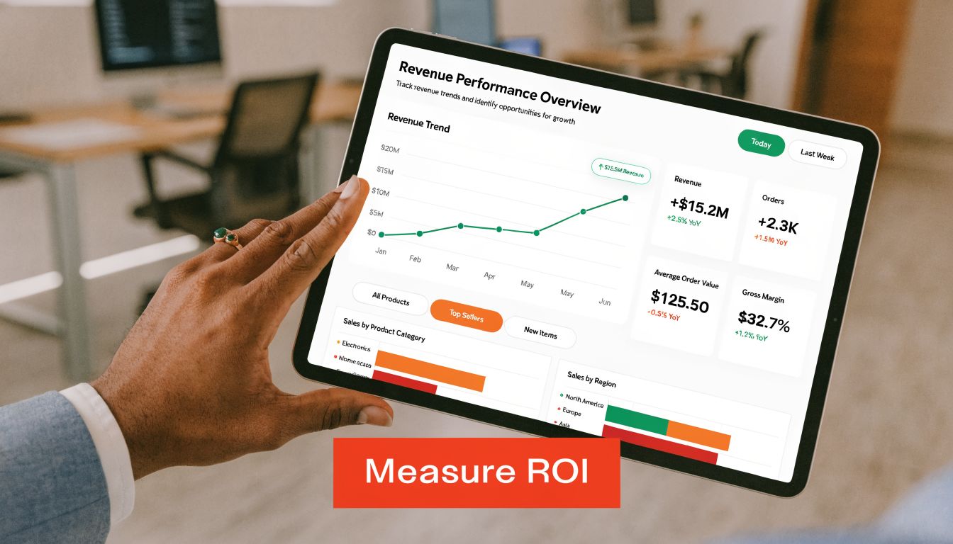 A person holding a digital tablet displaying a detailed business revenue performance dashboard with charts and metrics.