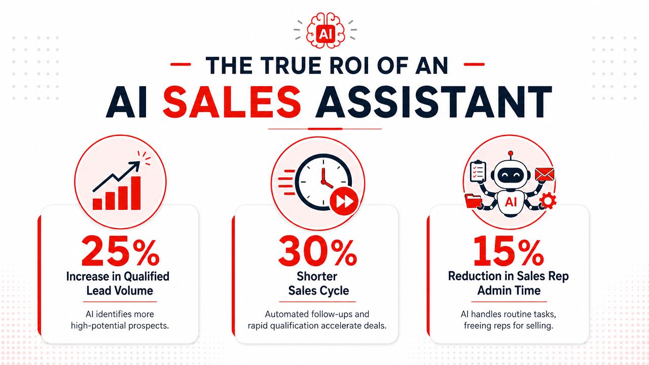 An infographic showing the benefits of an AI sales assistant, highlighting increased leads, faster sales, and administrative time savings.