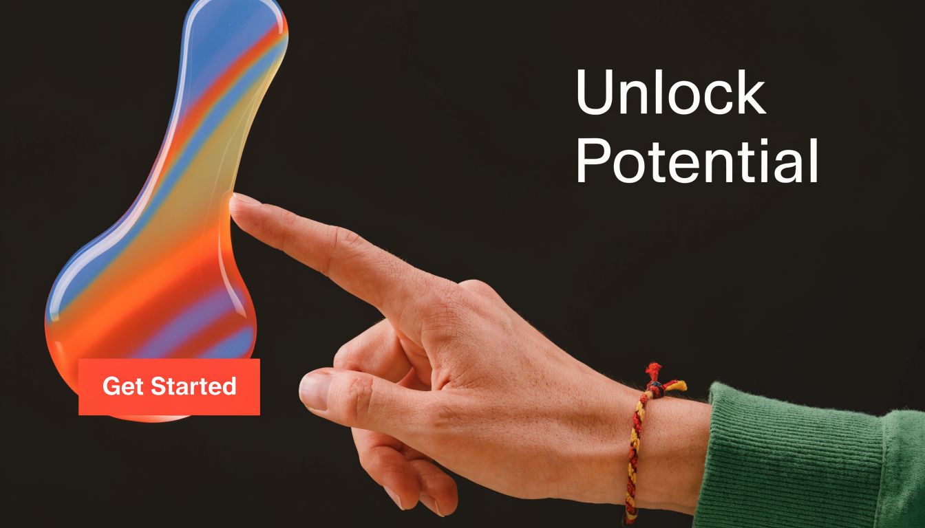 A hand reaching to touch a vibrant, abstract, liquid-like graphic button labeled with Get Started text.