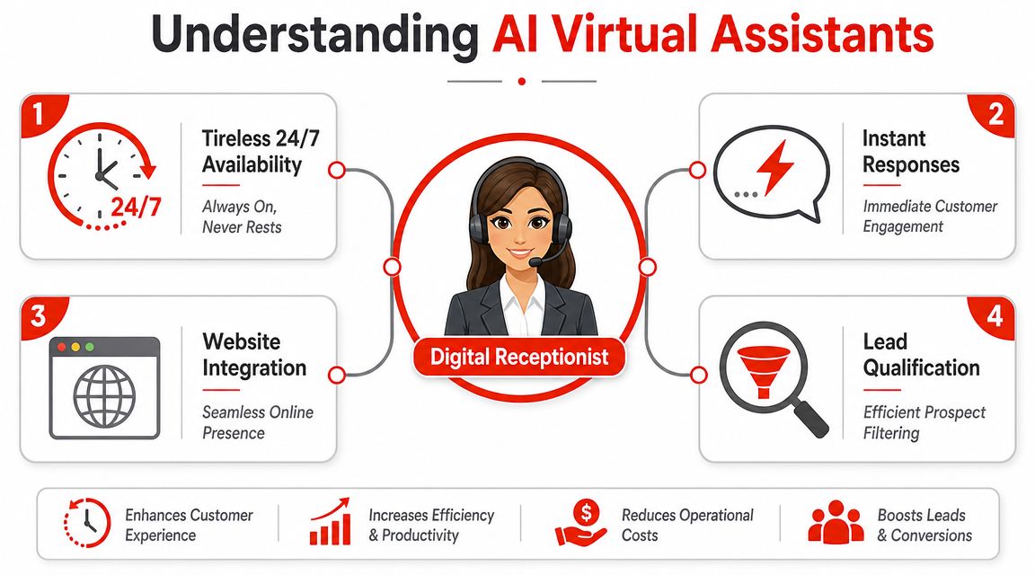 An infographic illustrating four key benefits of AI virtual assistants for business including 24/7 support and lead qualification.