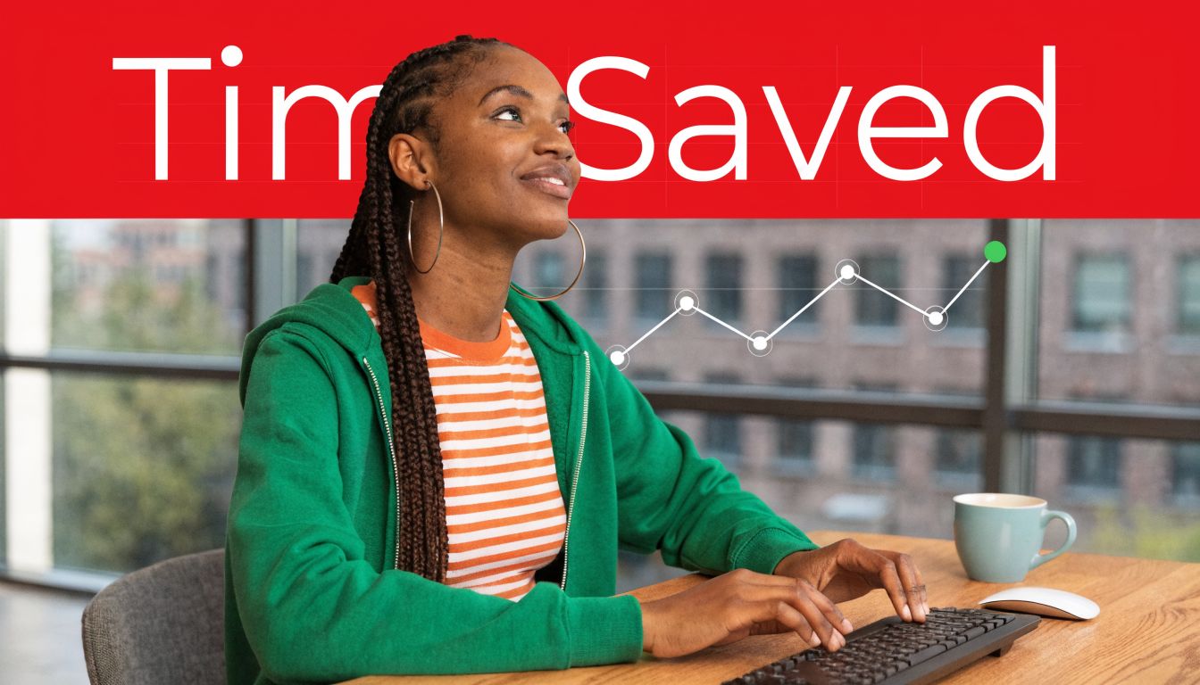 A woman typing on a computer keyboard with an upward trending graph icon overlaying the image.