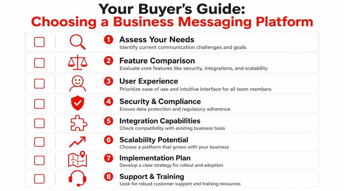 A checklist for choosing a business messaging platform with eight key steps for effective software evaluation.