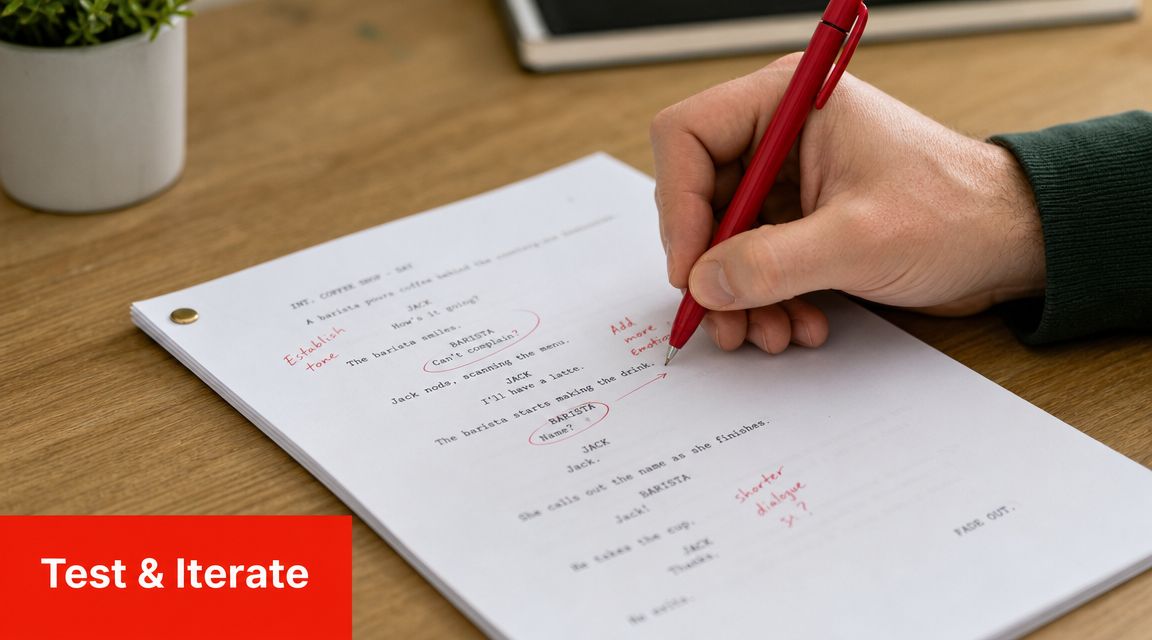 A person using a red pen to edit a script on paper at a wooden desk.