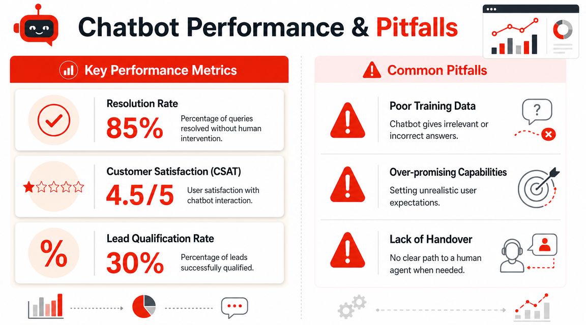 An infographic showing key performance metrics and common pitfalls for measuring and improving business chatbot effectiveness.