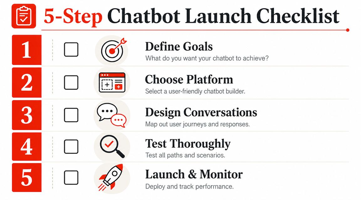 A 5-step checklist for launching a chatbot featuring icons for goals, platform selection, design, testing, and launch.