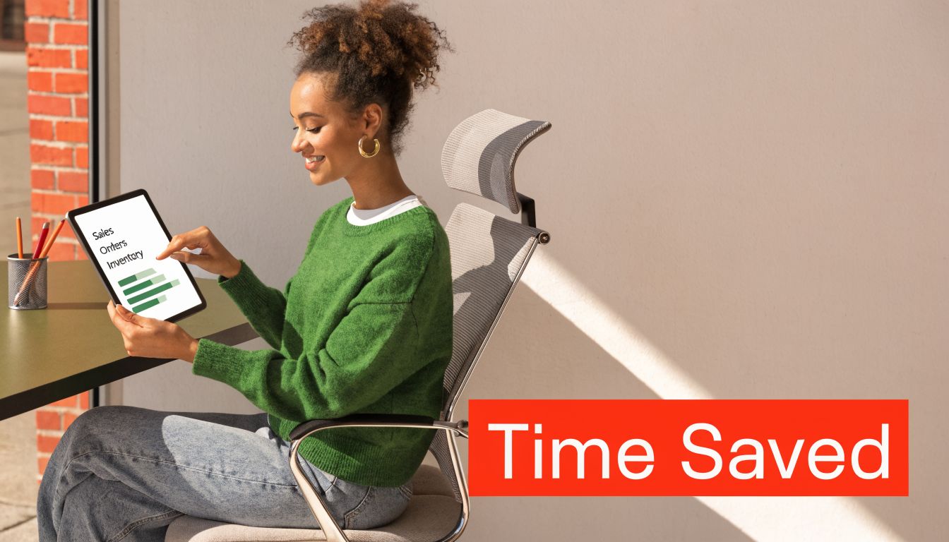 A woman in a green sweater smiling while using a tablet for business sales and inventory management.