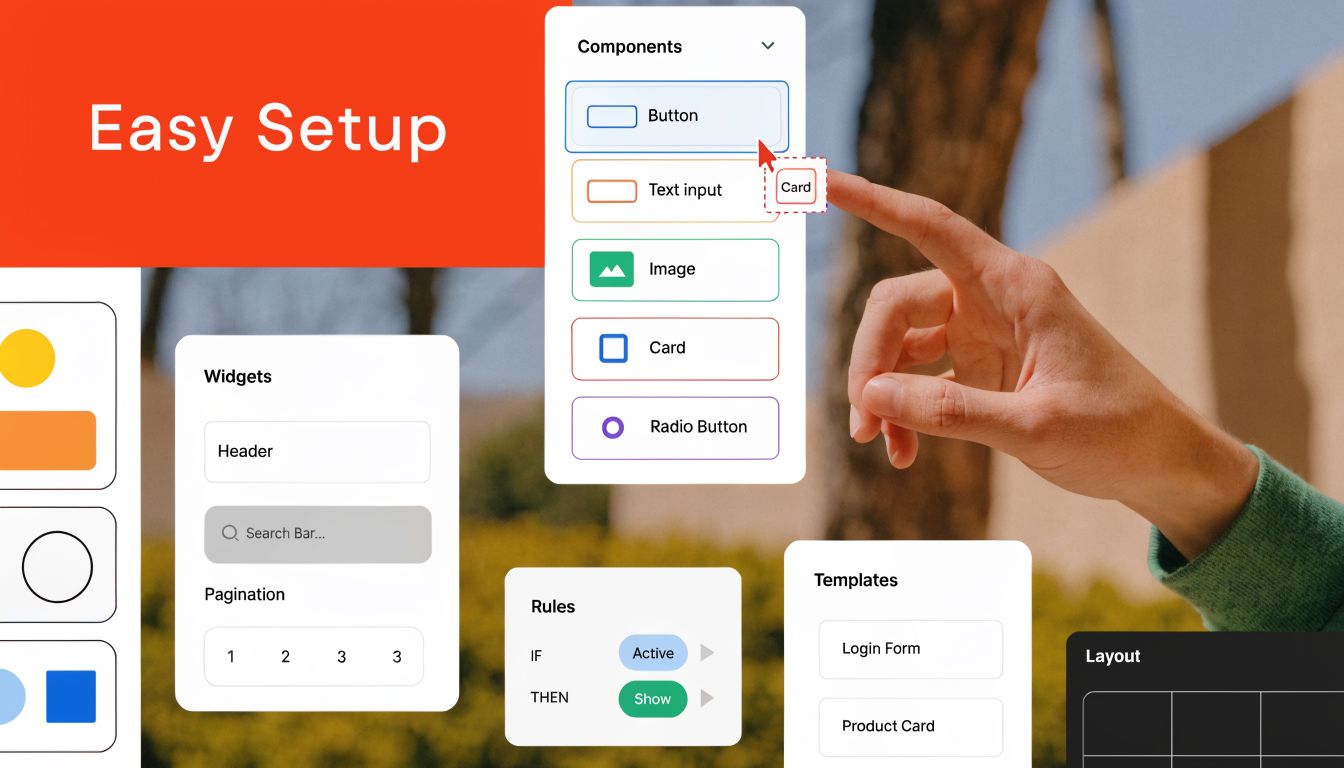 A digital interface showcasing a drag-and-drop builder for creating website components and application layouts easily.