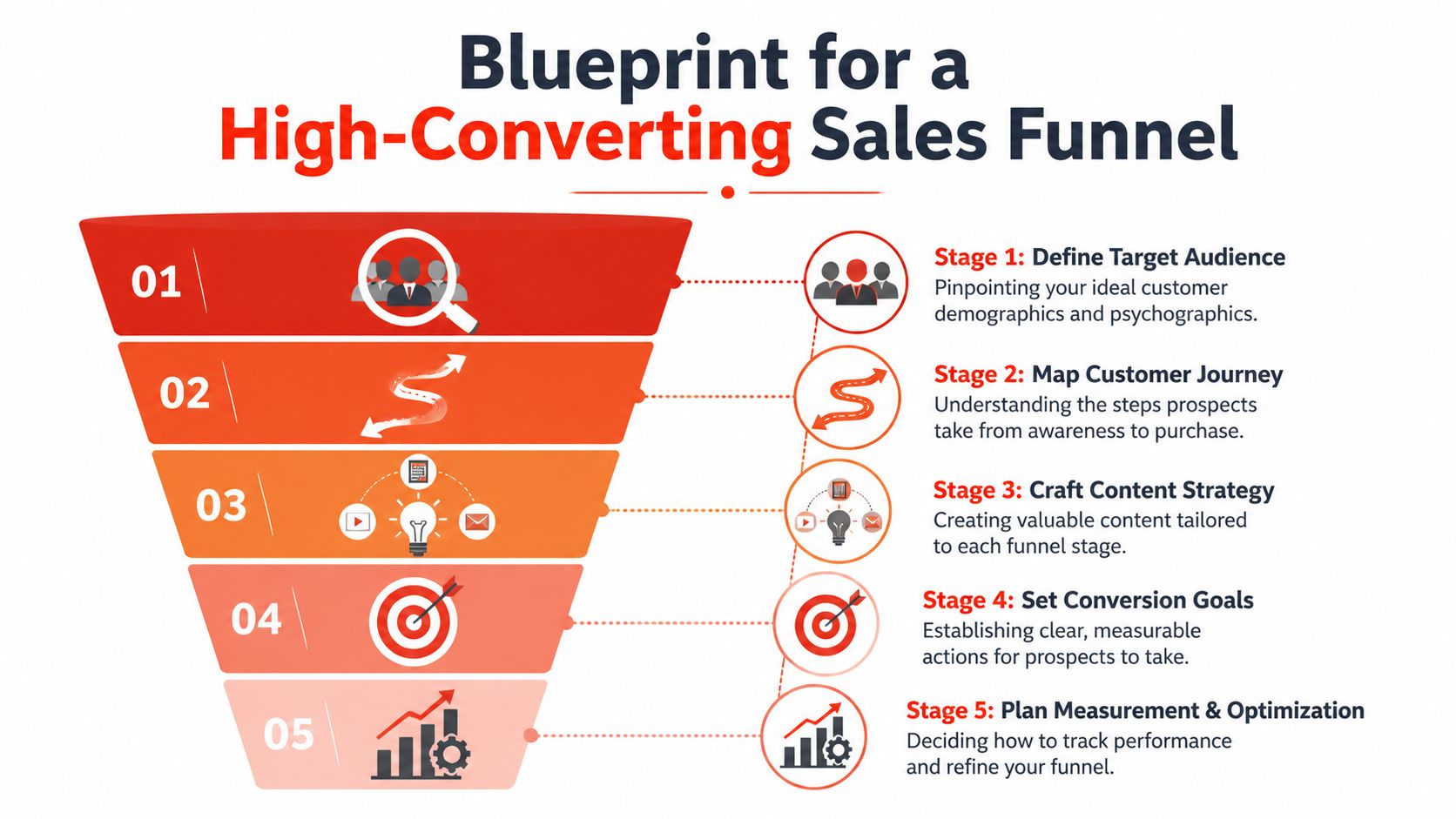 A five-stage infographic titled Blueprint for a High-Converting Sales Funnel illustrating marketing strategy steps.