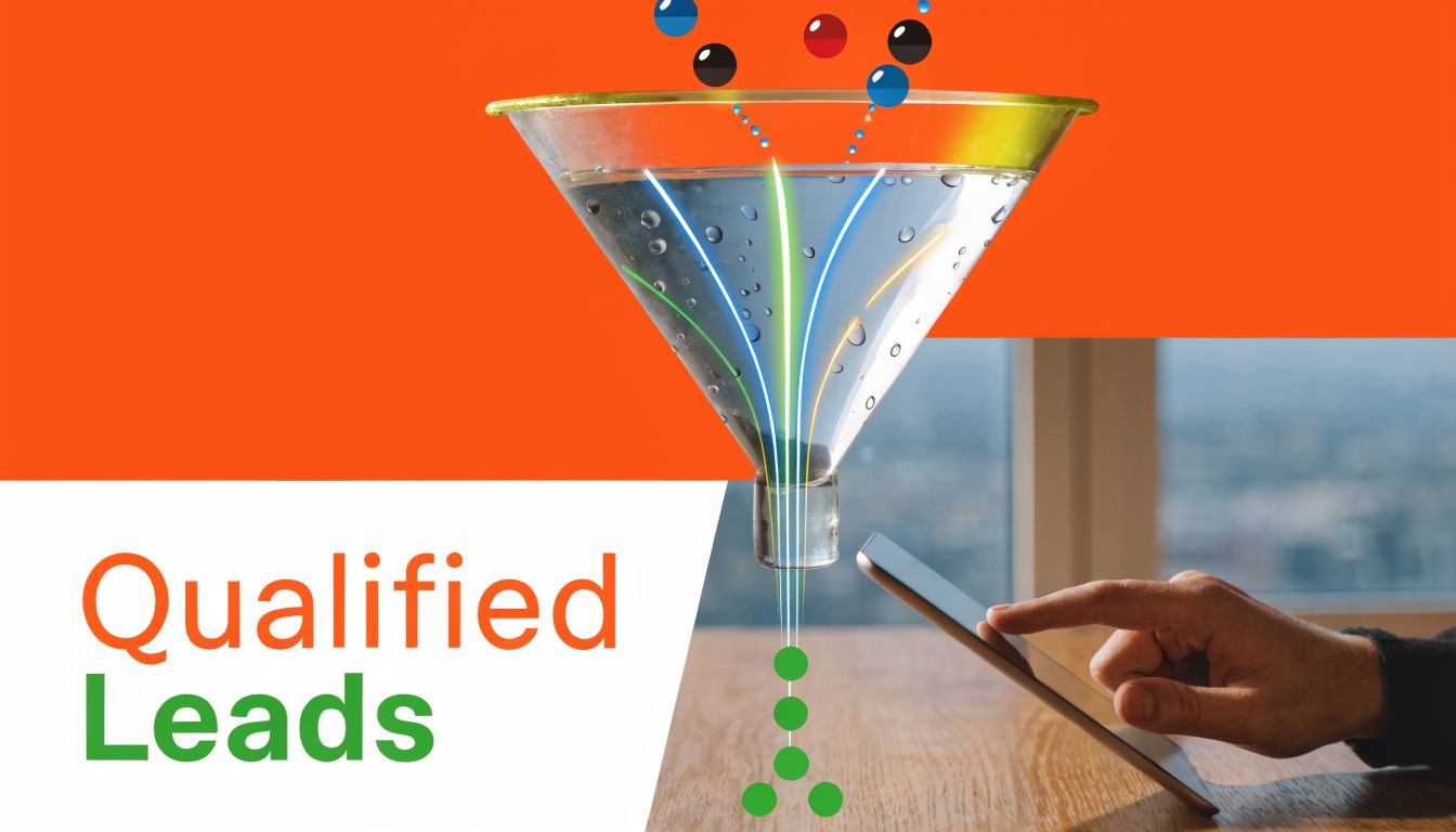 A marketing illustration showing a liquid-filled funnel converting various colored spheres into qualified green sales leads.