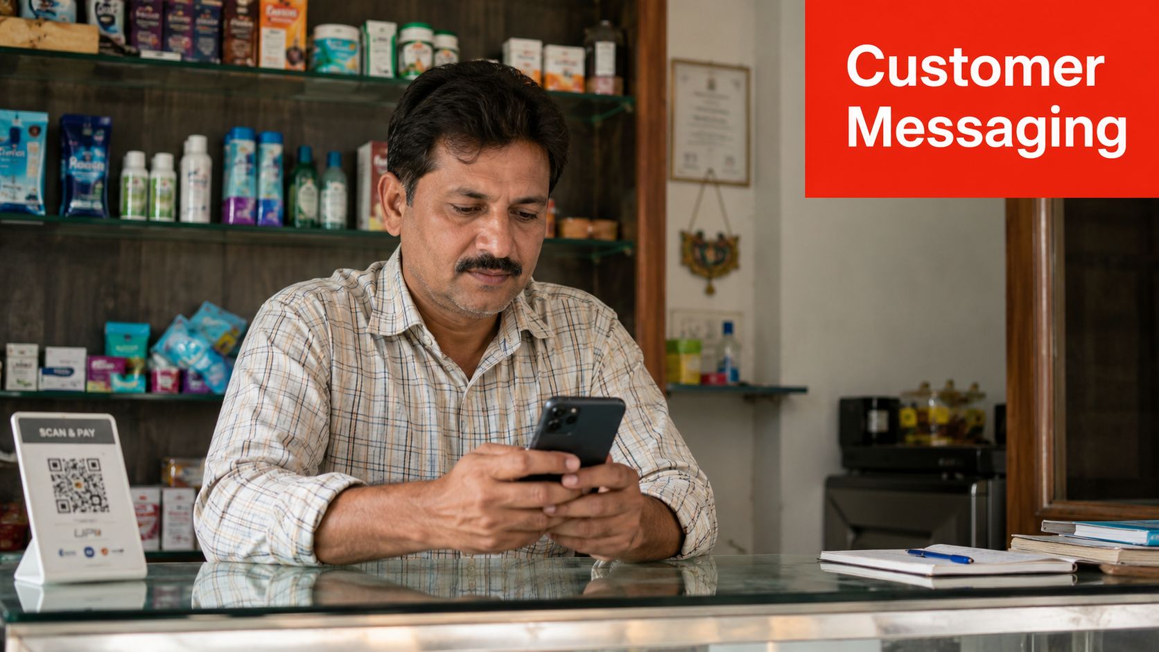 A shopkeeper checking instant customer messages on his smartphone while working behind a glass retail counter.