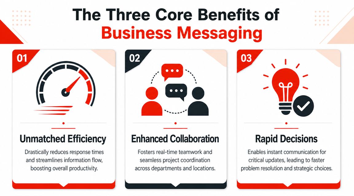 A graphic showing three benefits of business messaging: unmatched efficiency, enhanced collaboration, and rapid decisions.