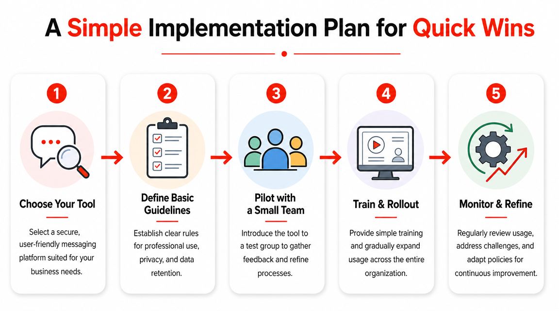 A five-step infographic showing a simple implementation plan for integrating instant messaging into business processes.