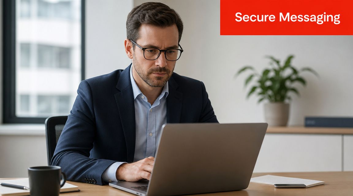 A professional man in a business suit working on his laptop in a bright office.