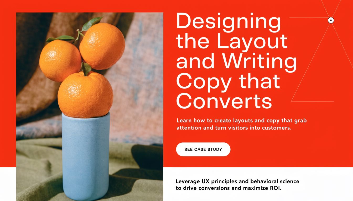 A digital marketing graphic with oranges on a vase, featuring text about layout design and conversion.