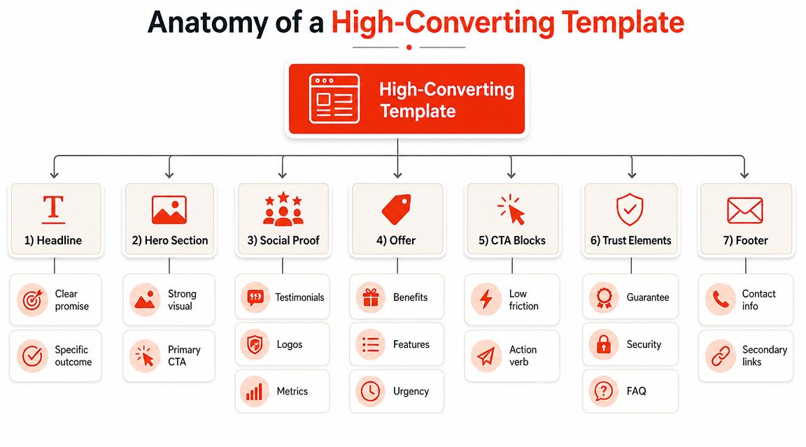 A diagram outlining the seven key components for designing a high-converting website landing page template.